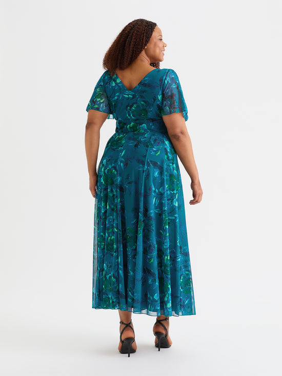 Isabelle Teal Blue Peacock Float Sleeve Maxi Dress