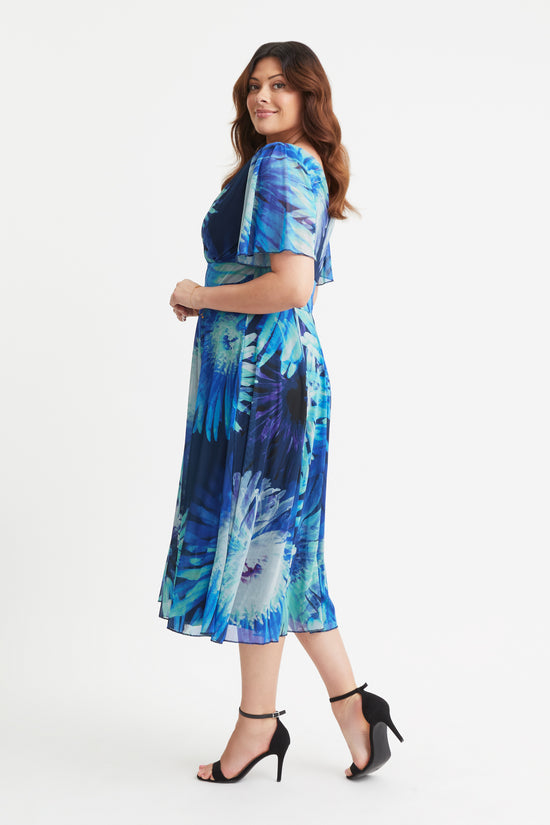 Victoria Blue Sunflower Angel Sleeve Mesh Midi Dress