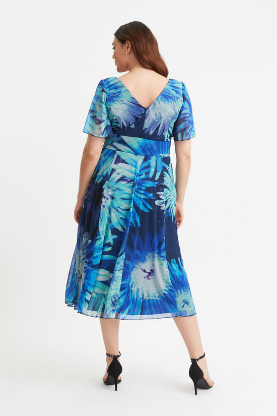 Victoria Blue Sunflower Angel Sleeve Mesh Midi Dress