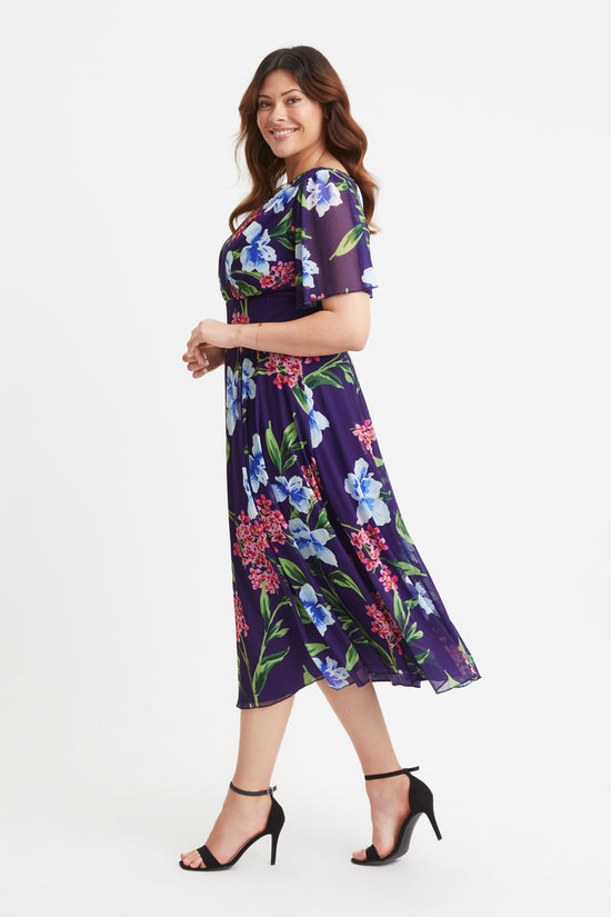 Victoria Navy Blue Pink Angel Sleeve Mesh Midi Dress