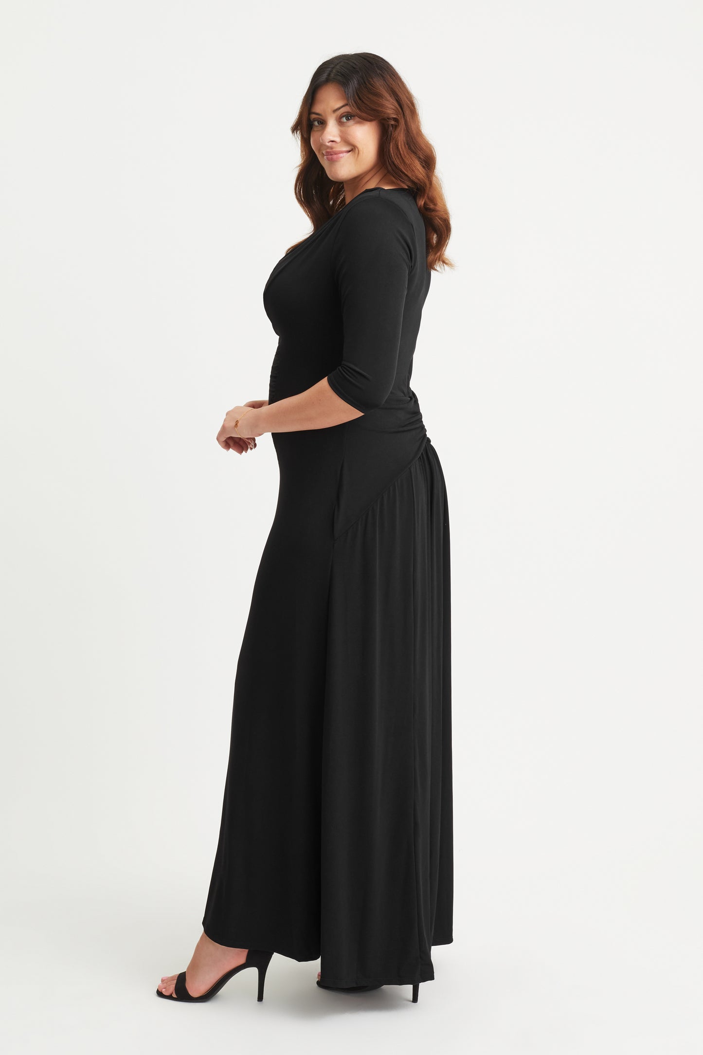 Black Cowl Neck Maxi Dress with Ruched Bustle Back