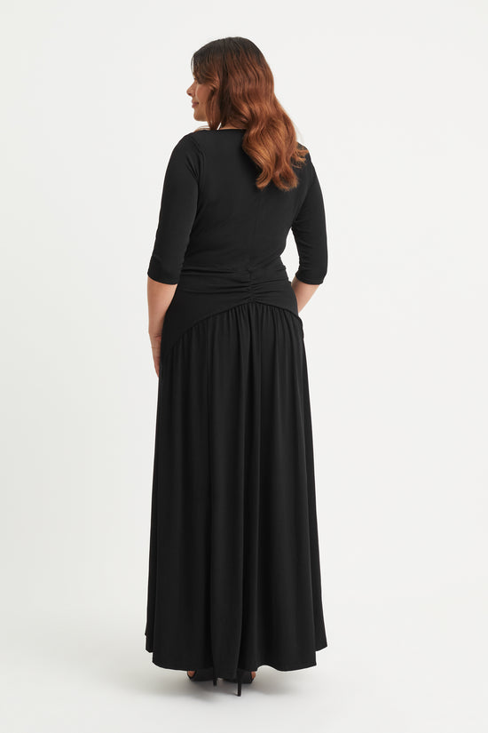 Black Cowl Neck Maxi Gown with Ruched Bustle Back