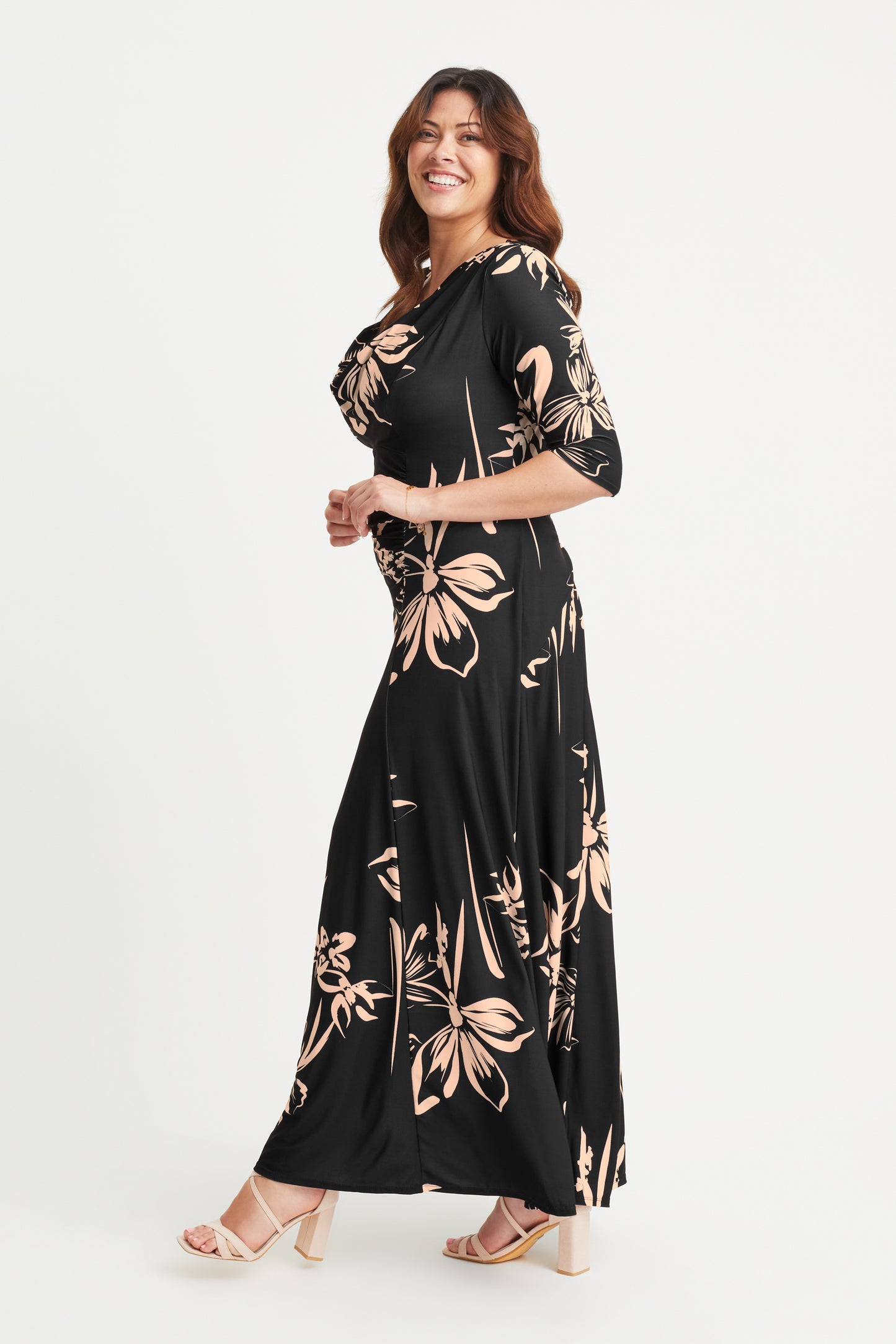 Black Cream Cowl Neck Maxi Dress with Ruched Bustle Back