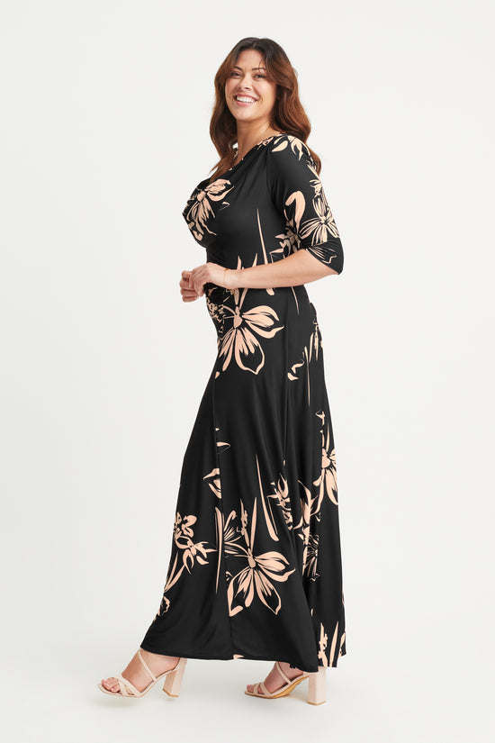 Black Cream Cowl Neck Maxi Gown with Ruched Bustle Back