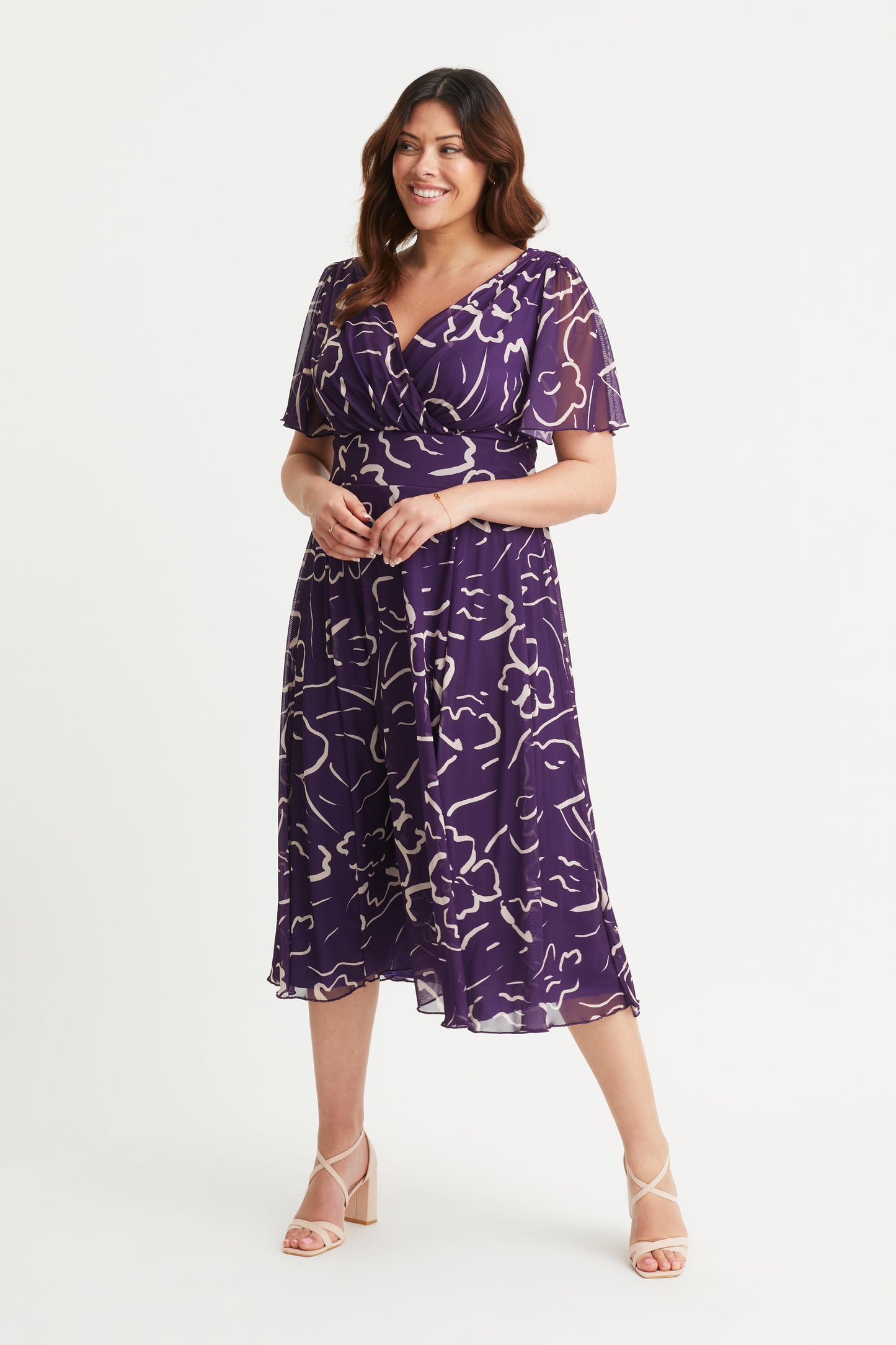 Victoria Purple Ecru Angel Sleeve Mesh Long Midi Dress