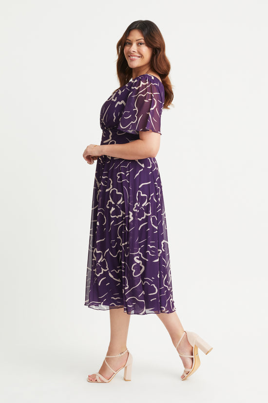 Victoria Purple Ecru Angel Sleeve Mesh Long Midi Dress