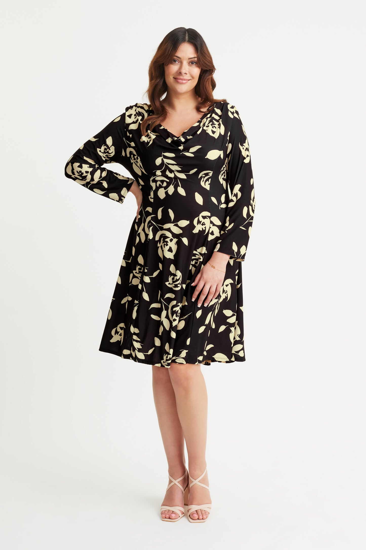 Long Sleeve Cowl Neck Fit and Flare Dress
