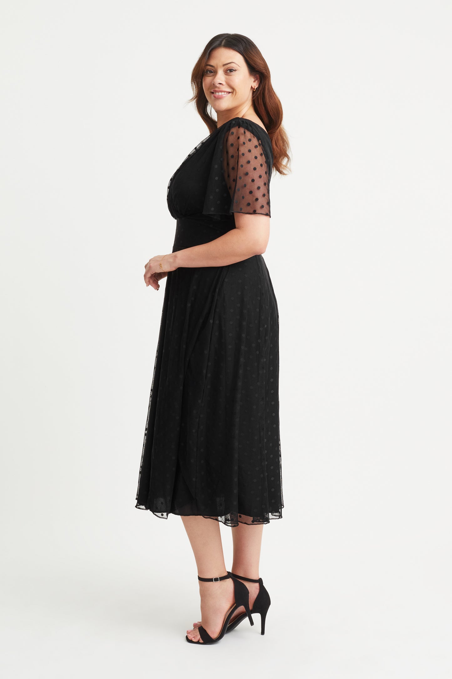 Victoria Black Dobby Spot Angel Sleeve Mesh Long Midi Dress