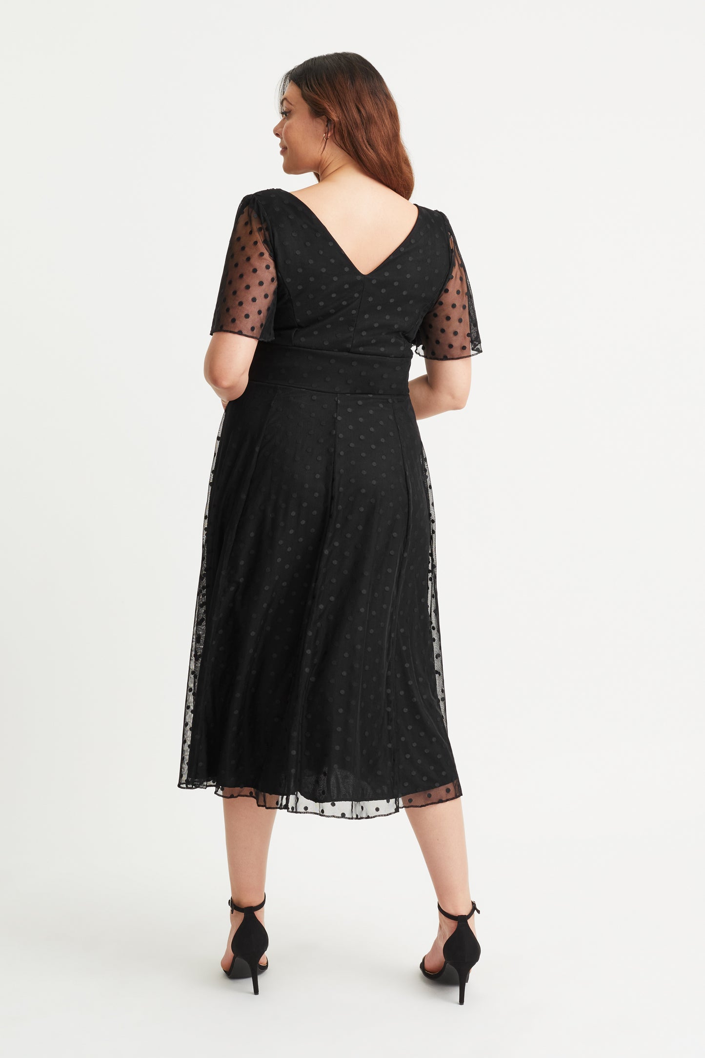 Victoria Black Dobby Spot Angel Sleeve Mesh Long Midi Dress