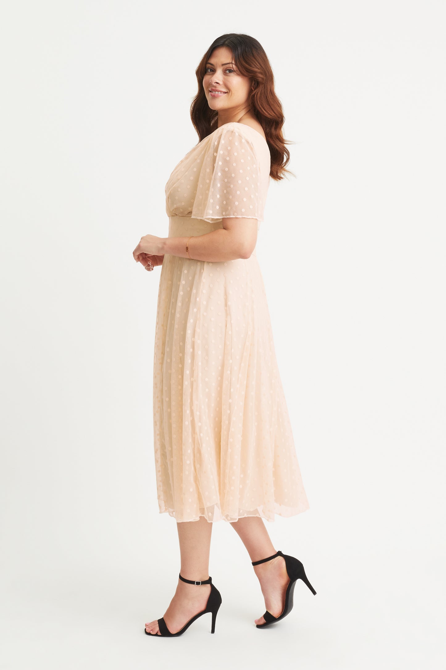 Victoria Cream Dobby Spot Angel Sleeve Mesh Long Midi Dress