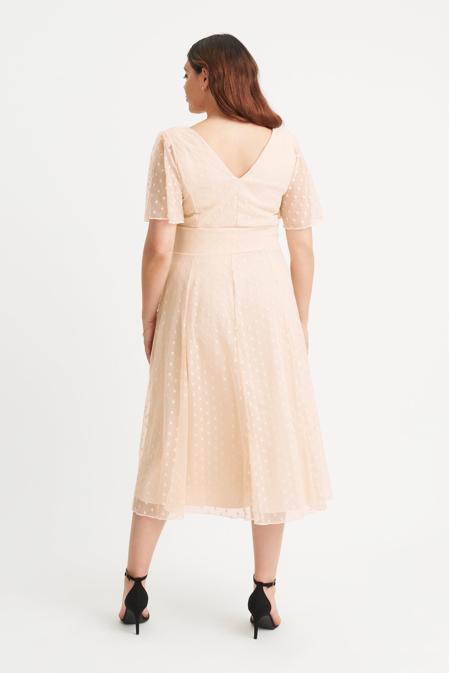 Victoria Cream Dobby Spot Angel Sleeve Mesh Long Midi Dress