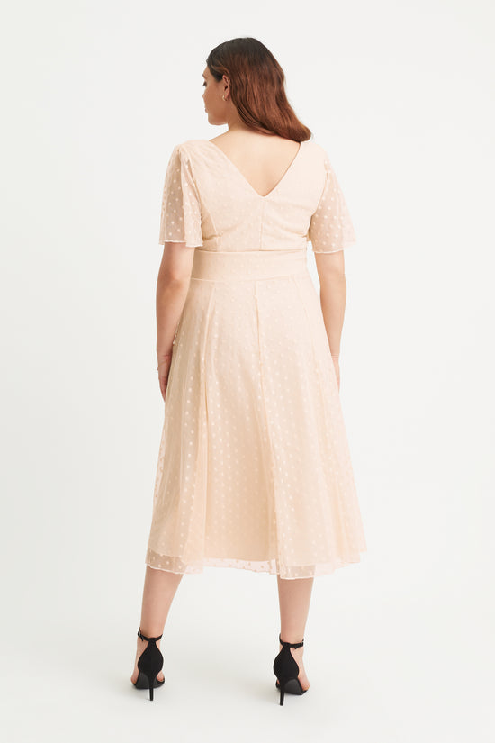 Victoria Cream Dobby Spot Angel Sleeve Mesh Long Midi Dress