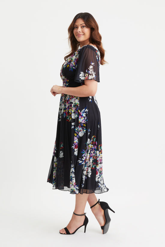 Victoria Black Multi Angel Sleeve Mesh Long Midi Dress