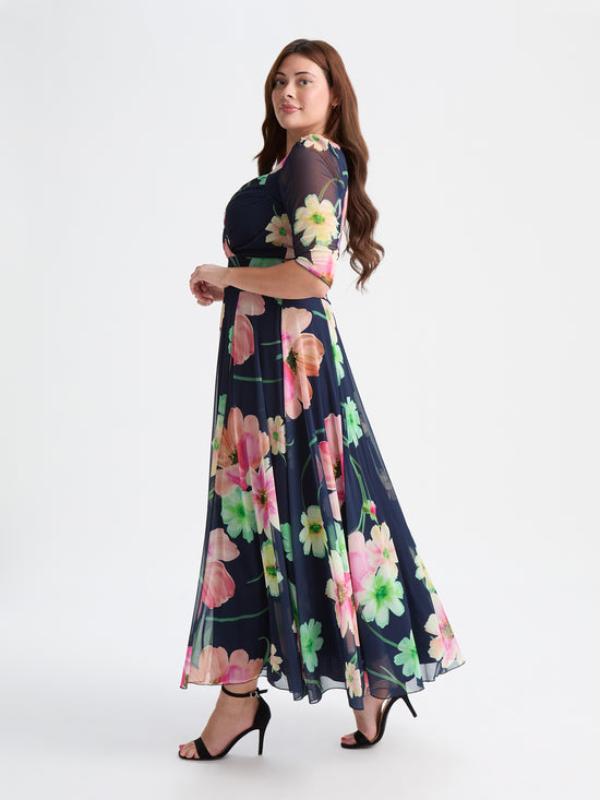 Elizabeth Navy Pink Print Mesh Bolero Wrap Bodice Maxi Gown