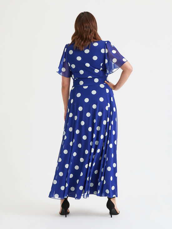 Kemi Royal Blue Spot Print Bolero Wrap Bodice Maxi Gown