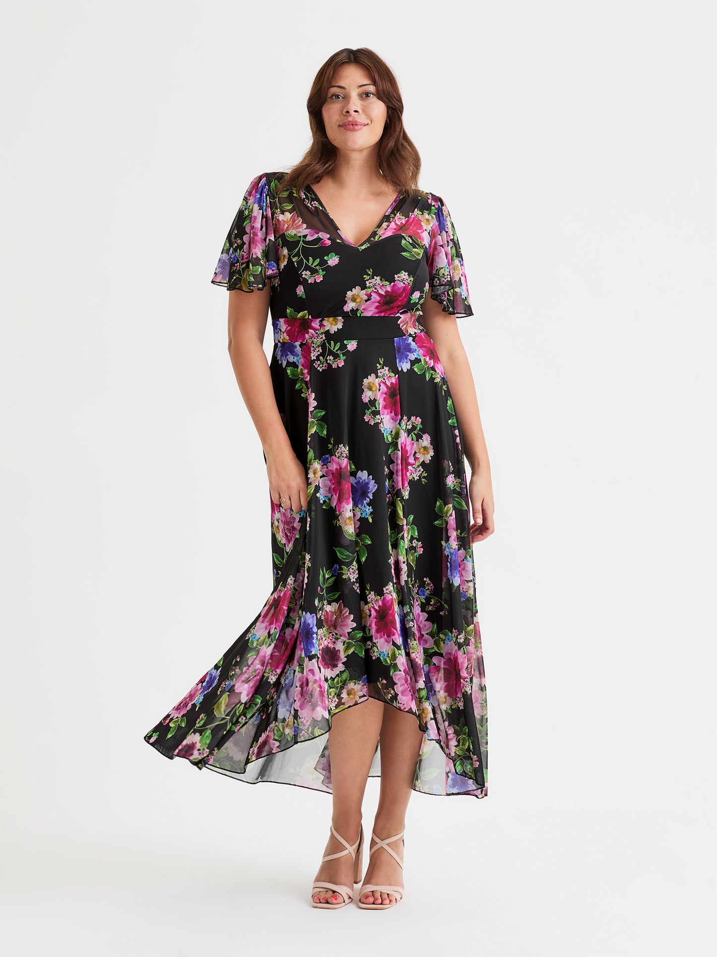 Tilly Black Pink Print Angel Sleeve Sweetheart Dress