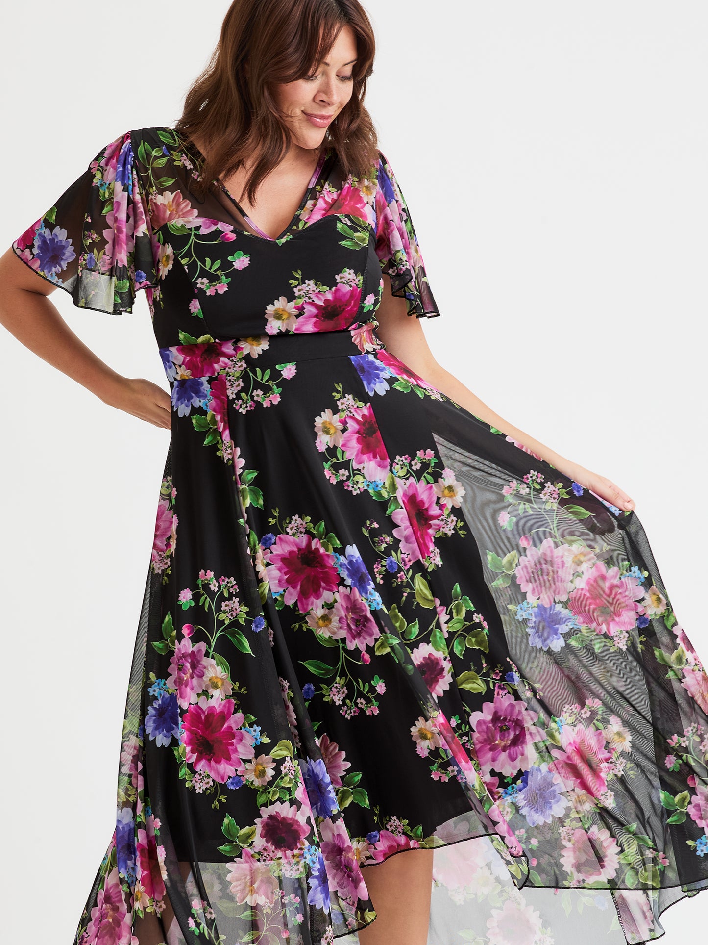 Tilly Black Pink Print Angel Sleeve Sweetheart Dress