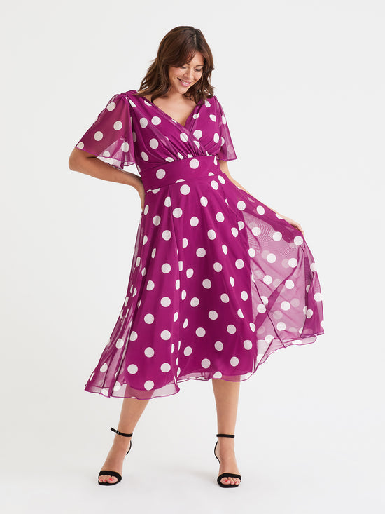 Victoria Mulberry Polka Angel Sleeve Mesh Long Midi Dress