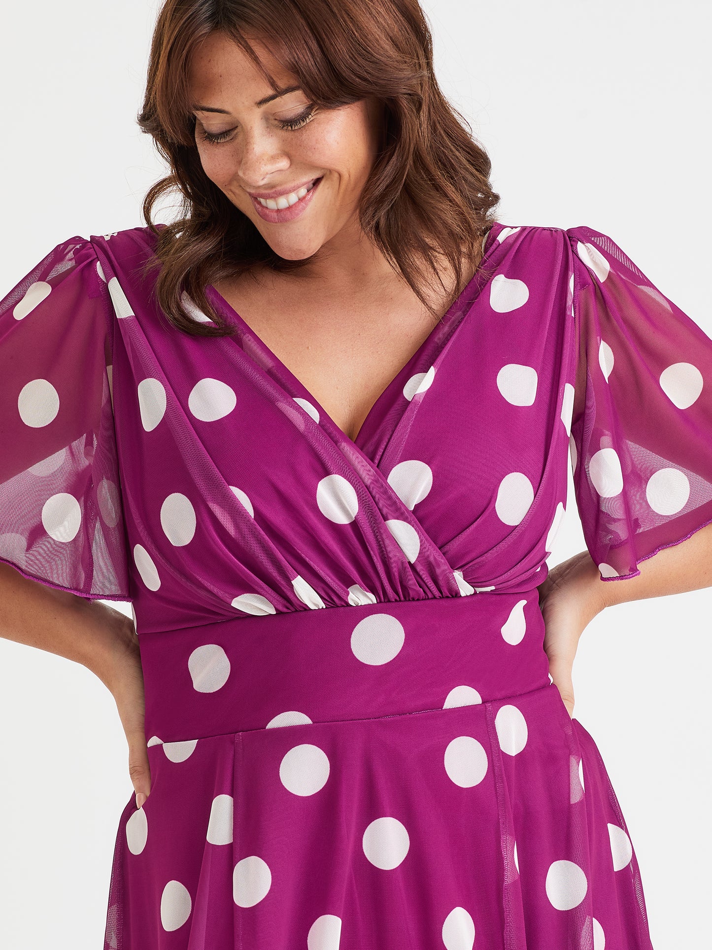 Victoria Magenta Polka Angel Sleeve Mesh Long Midi Dress