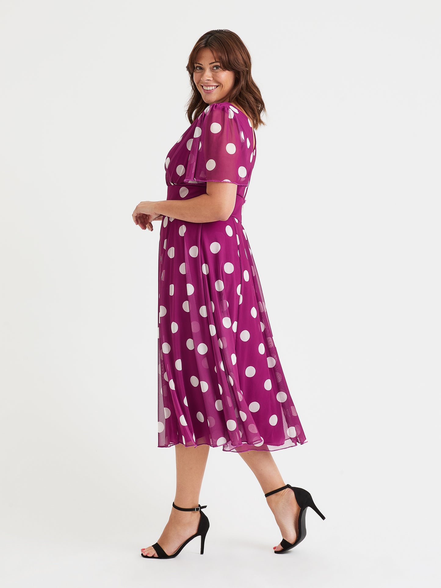 Victoria Magenta Polka Angel Sleeve Mesh Long Midi Dress