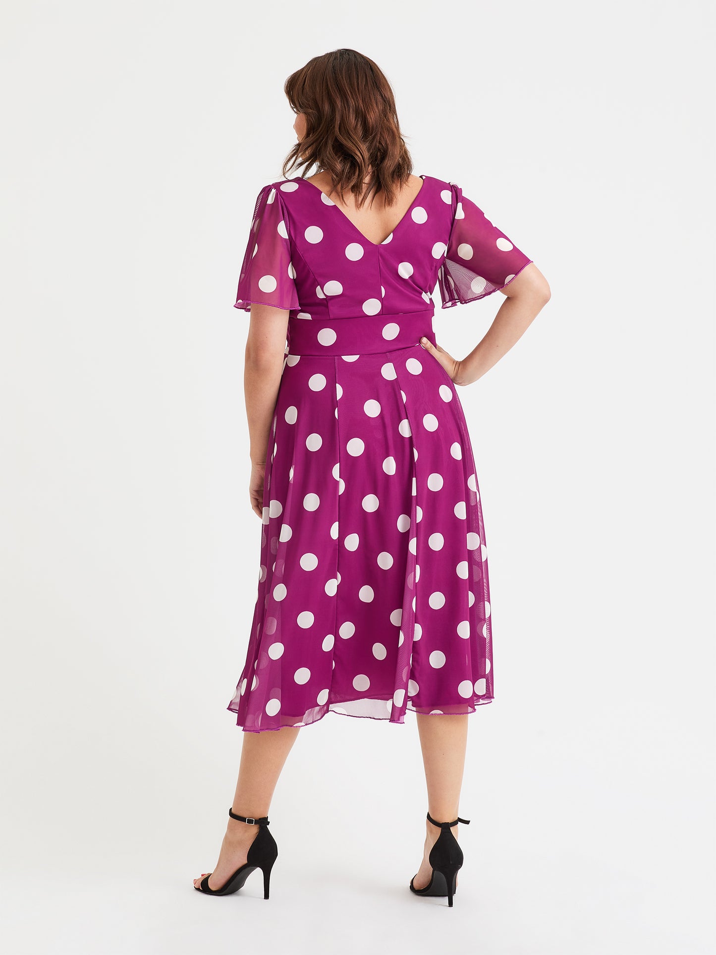 Victoria Magenta Polka Angel Sleeve Mesh Long Midi Dress