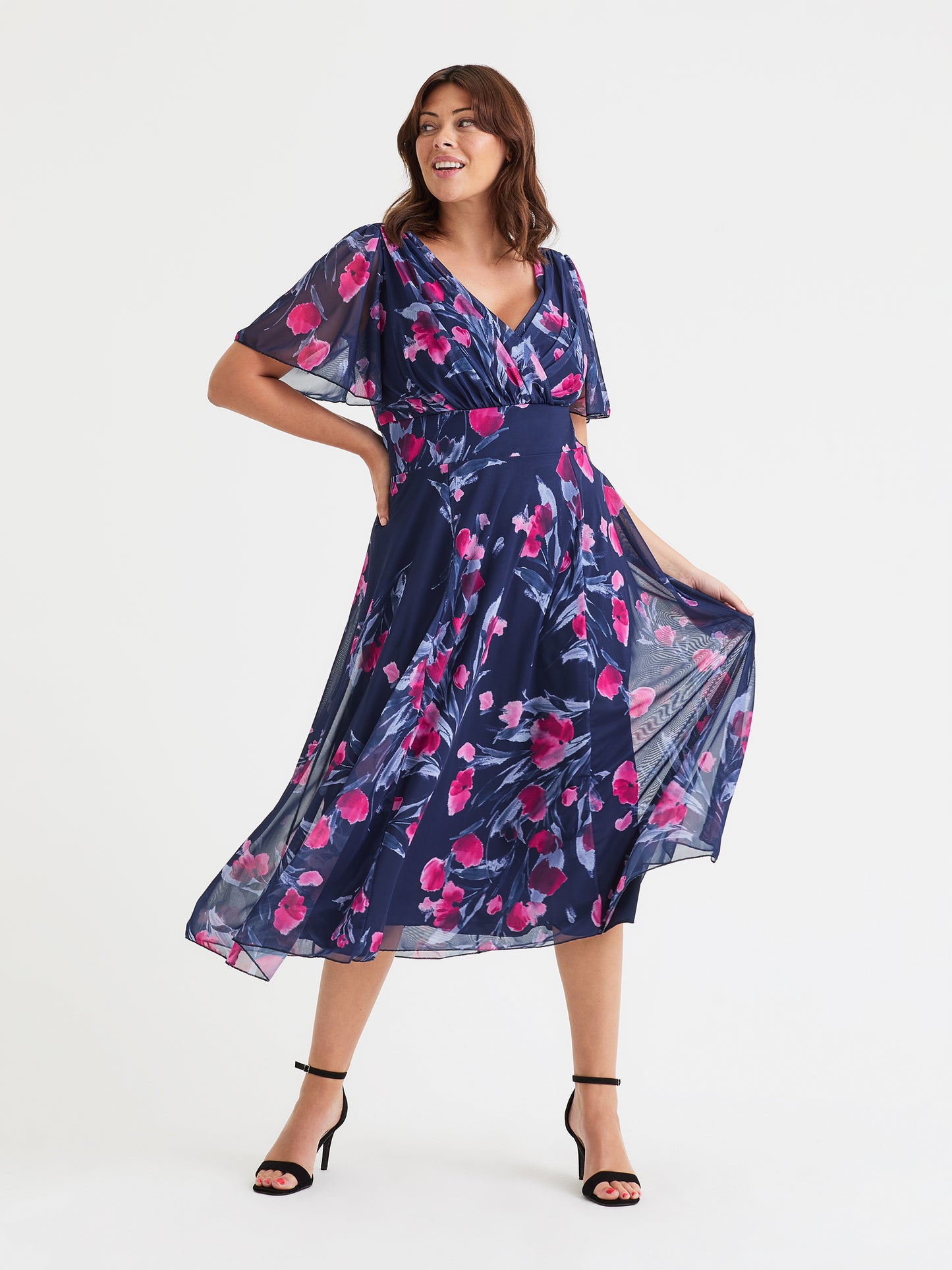 Victoria Navy Pink Floral Angel Sleeve Mesh Long Midi Dress