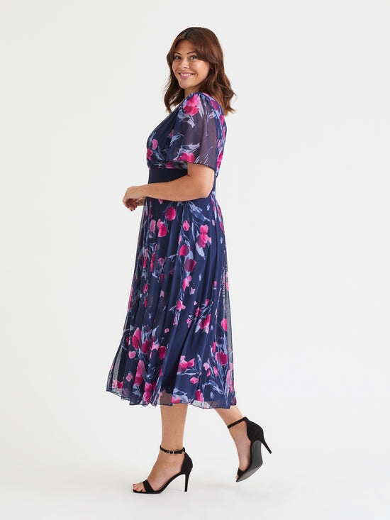 Victoria Navy Pink Floral Angel Sleeve Mesh Long Midi Dress