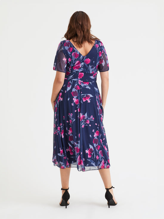 Victoria Navy Pink Floral Angel Sleeve Mesh Long Midi Dress