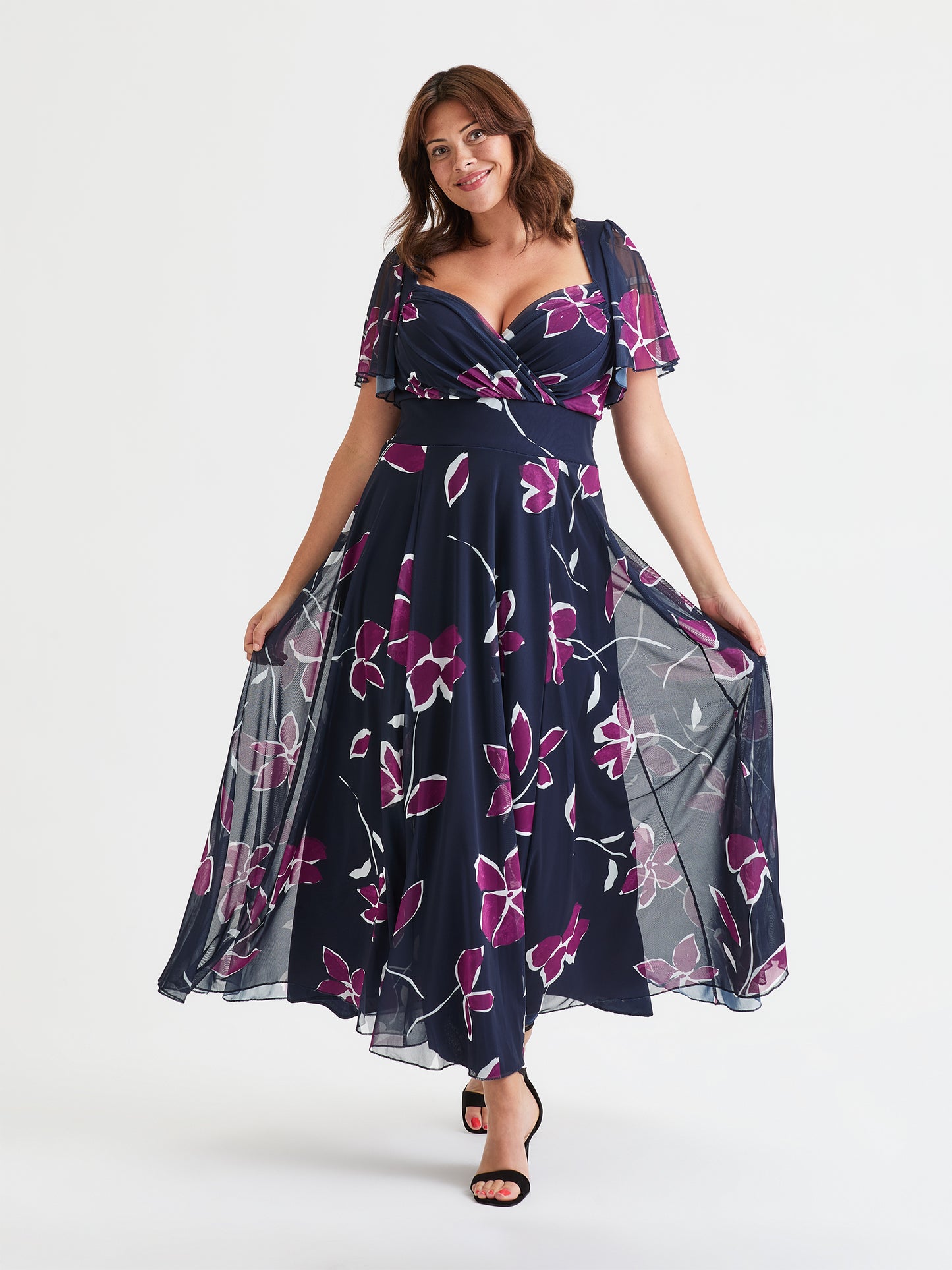 Kemi Navy Magenta Print Bolero Wrap Bodice Maxi Gown