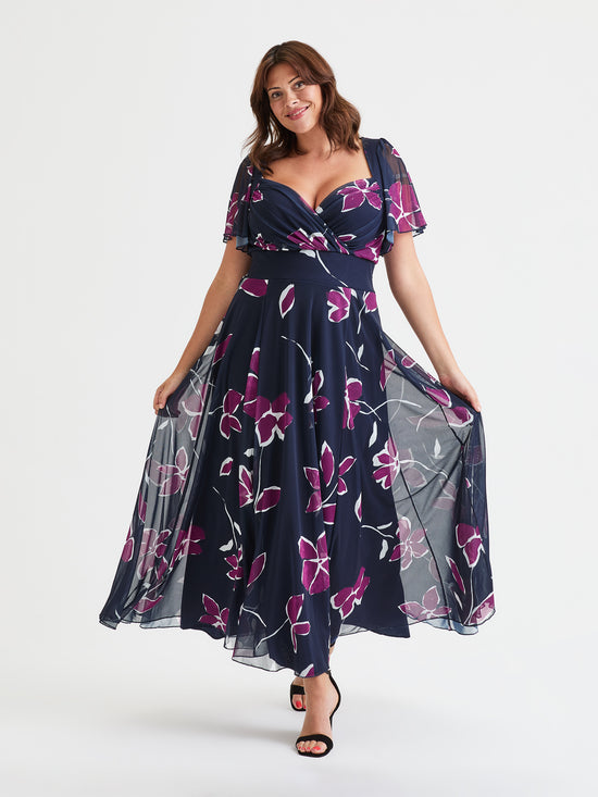 Kemi Navy Magenta Print Bolero Wrap Bodice Maxi Gown