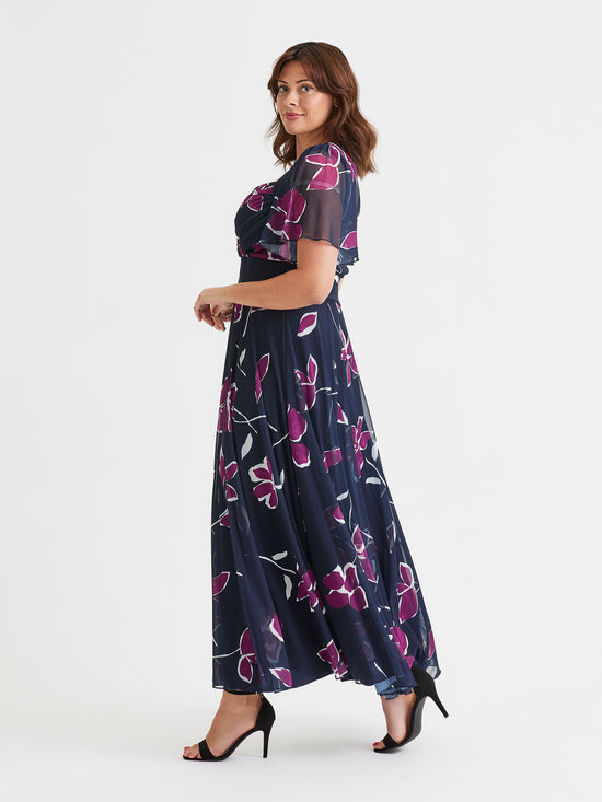 Kemi Navy Magenta Print Bolero Wrap Bodice Maxi Gown