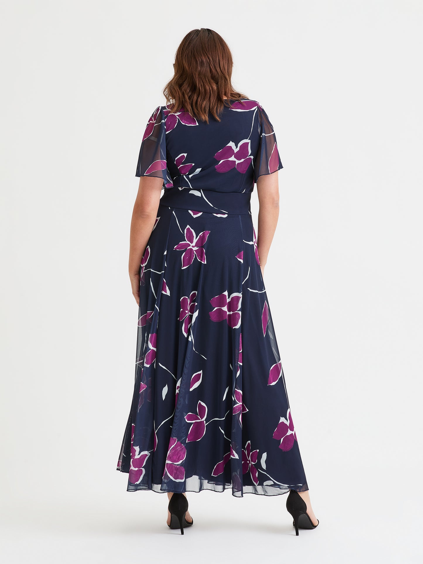 Kemi Navy Magenta Print Bolero Wrap Bodice Maxi Gown