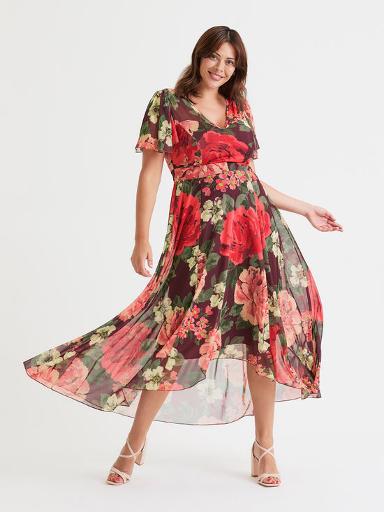 Tilly Wine Rose Print Angel Sleeve Sweetheart Dress