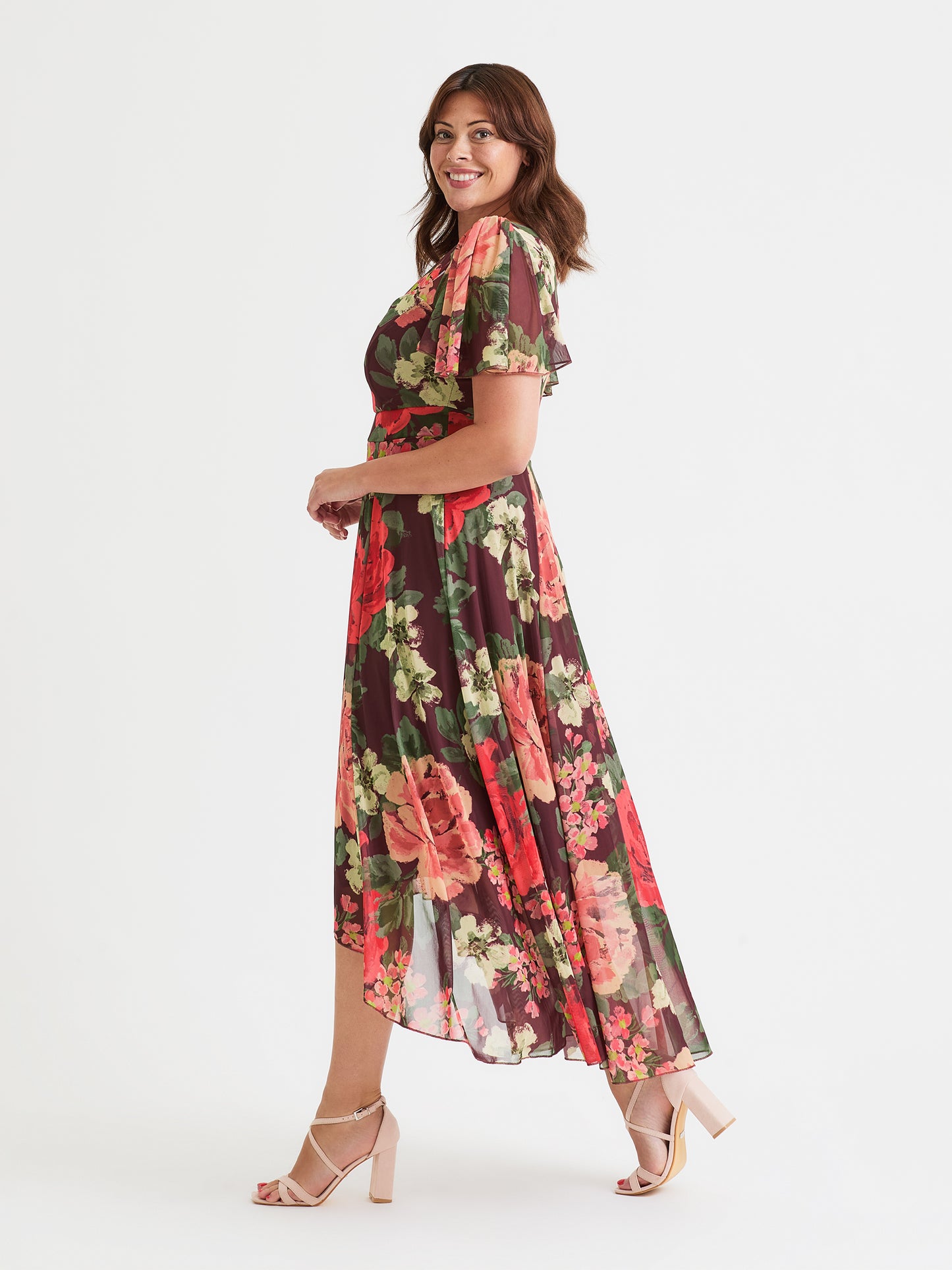 Tilly Wine Rose Print Angel Sleeve Sweetheart Dress