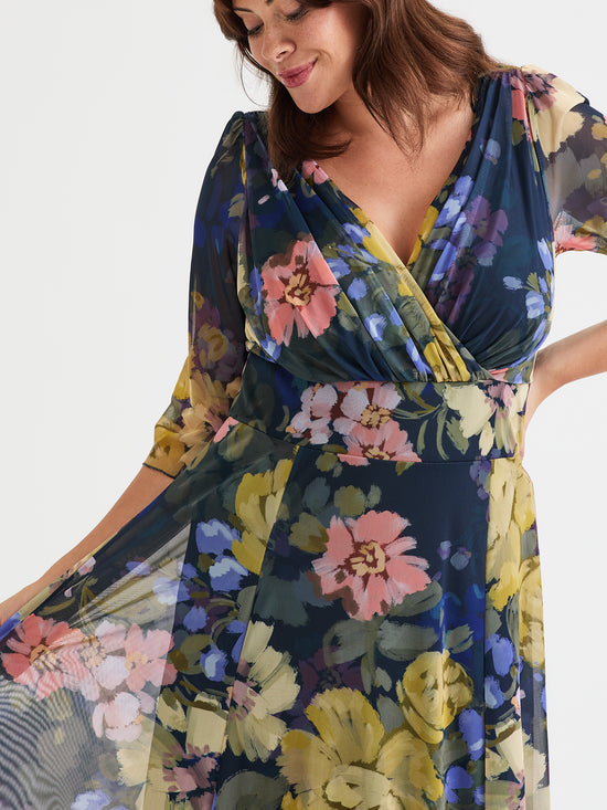 Verity Navy Floral Print Maxi Gown