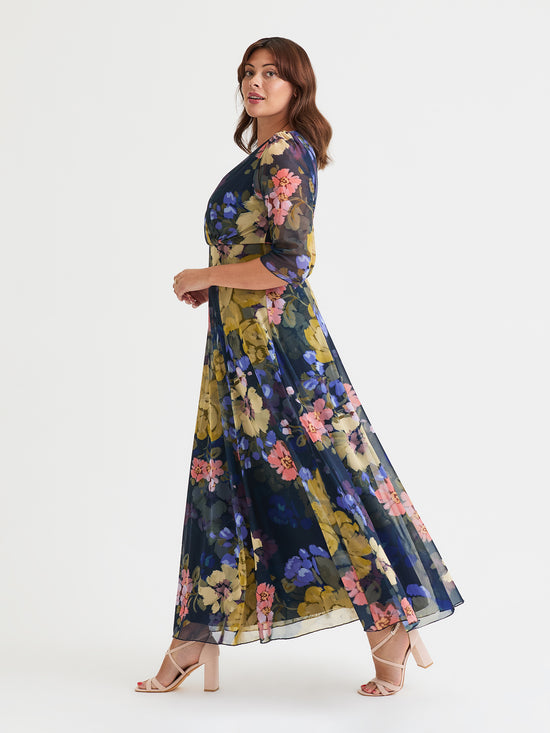 Verity Navy Floral Print Maxi Gown