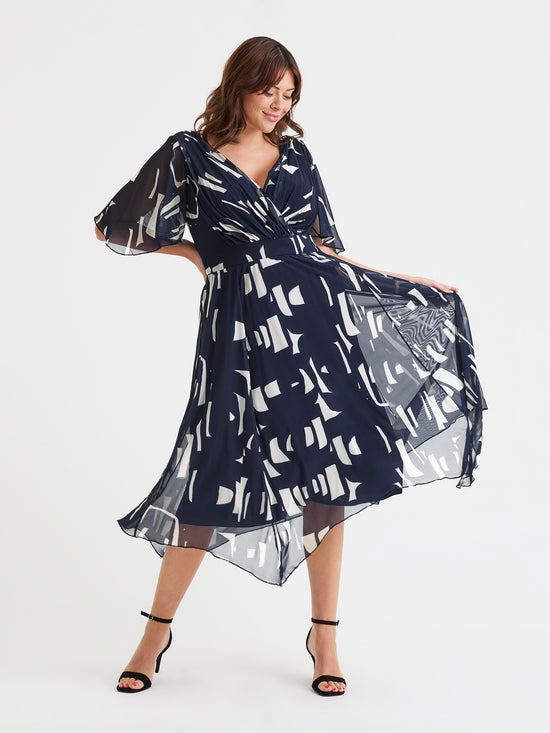 Julie Navy Geometric Hanky Hem Dress