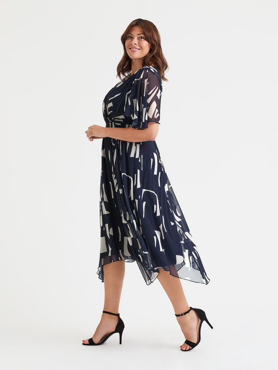 Julie Navy Geometric Hanky Hem Dress