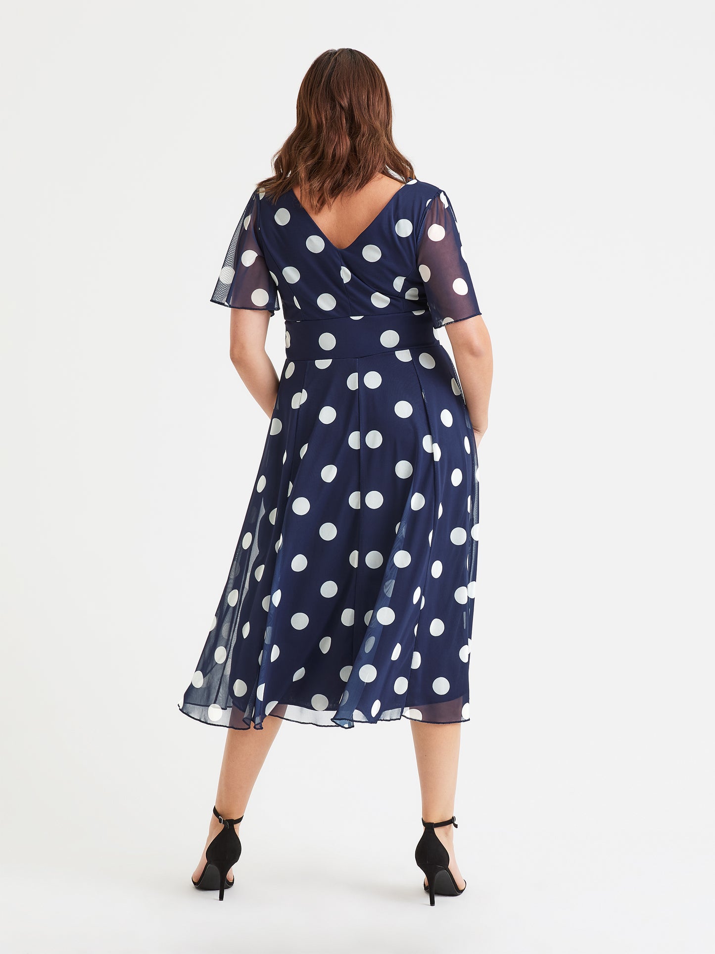 Victoria Navy Polka Angel Sleeve Mesh Long Midi Dress