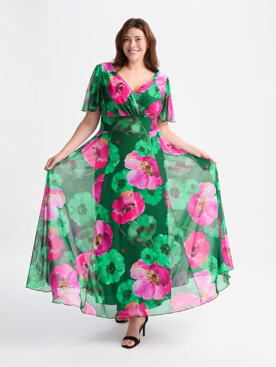 Isabelle Green Pink Float Sleeve Maxi Dress