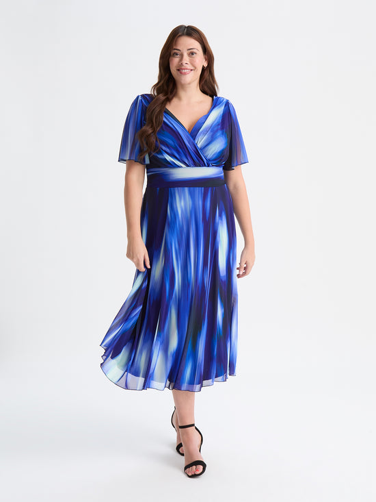 Victoria Blue Ikat Angel Sleeve Mesh Long Midi Dress