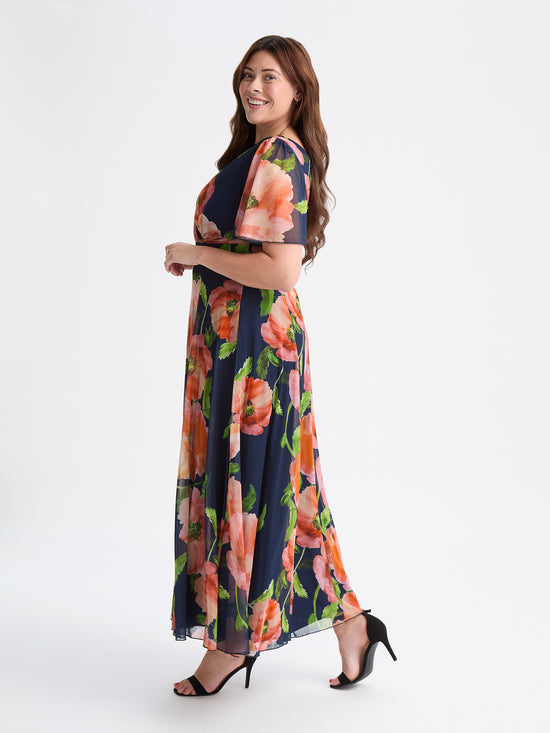 Isabelle Navy Orange Multi Float Sleeve Maxi Dress