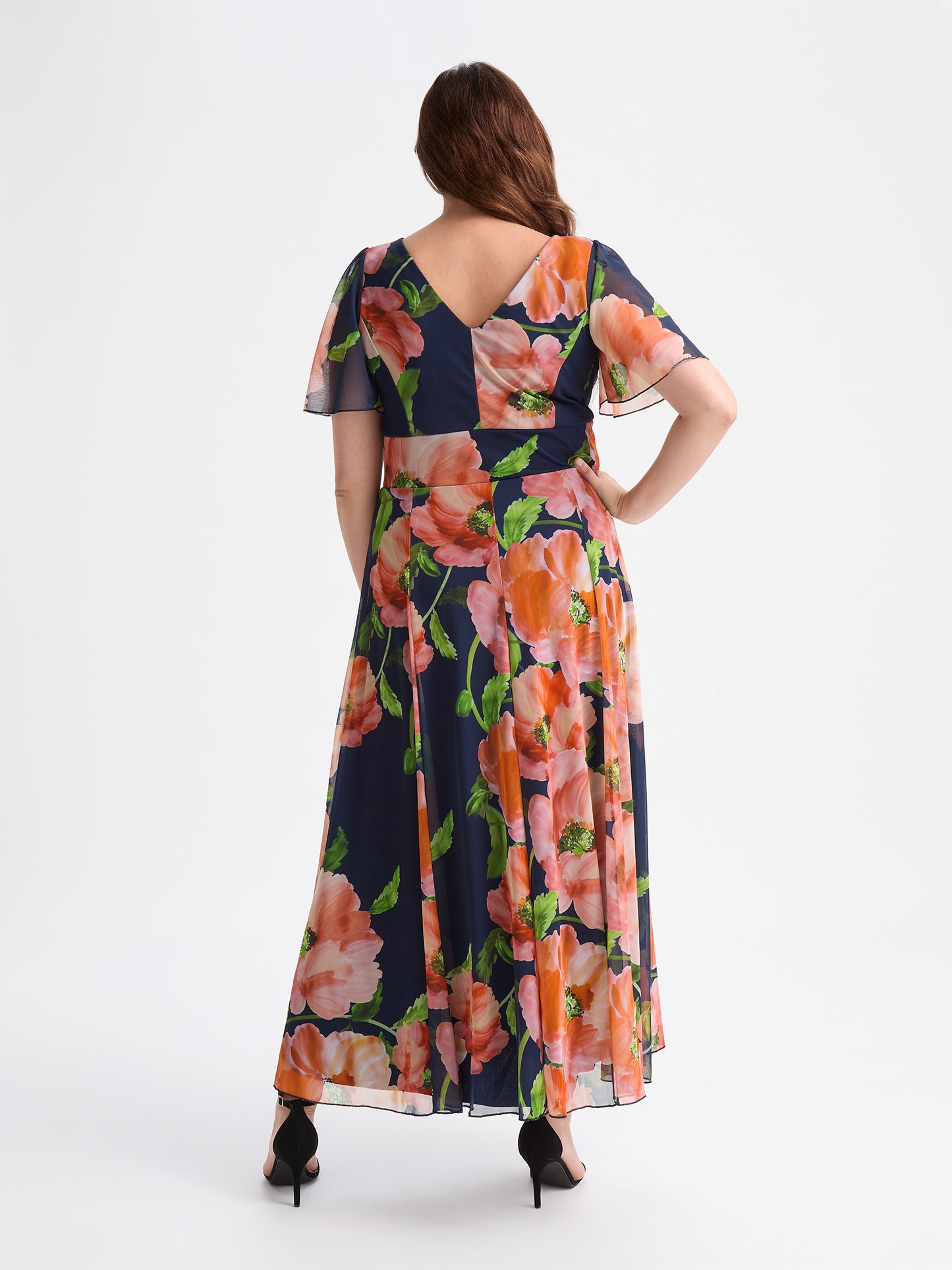 Isabelle Navy Orange Multi Float Sleeve Maxi Dress