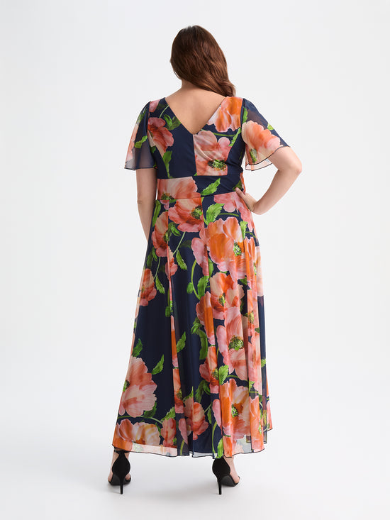 Isabelle Navy Orange Multi Float Sleeve Maxi Dress