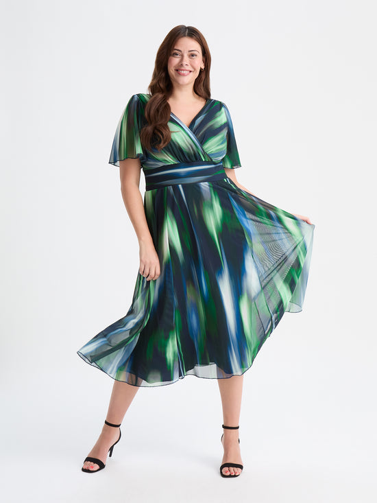 Victoria Green Ikat Angel Sleeve Mesh Long Midi Dress