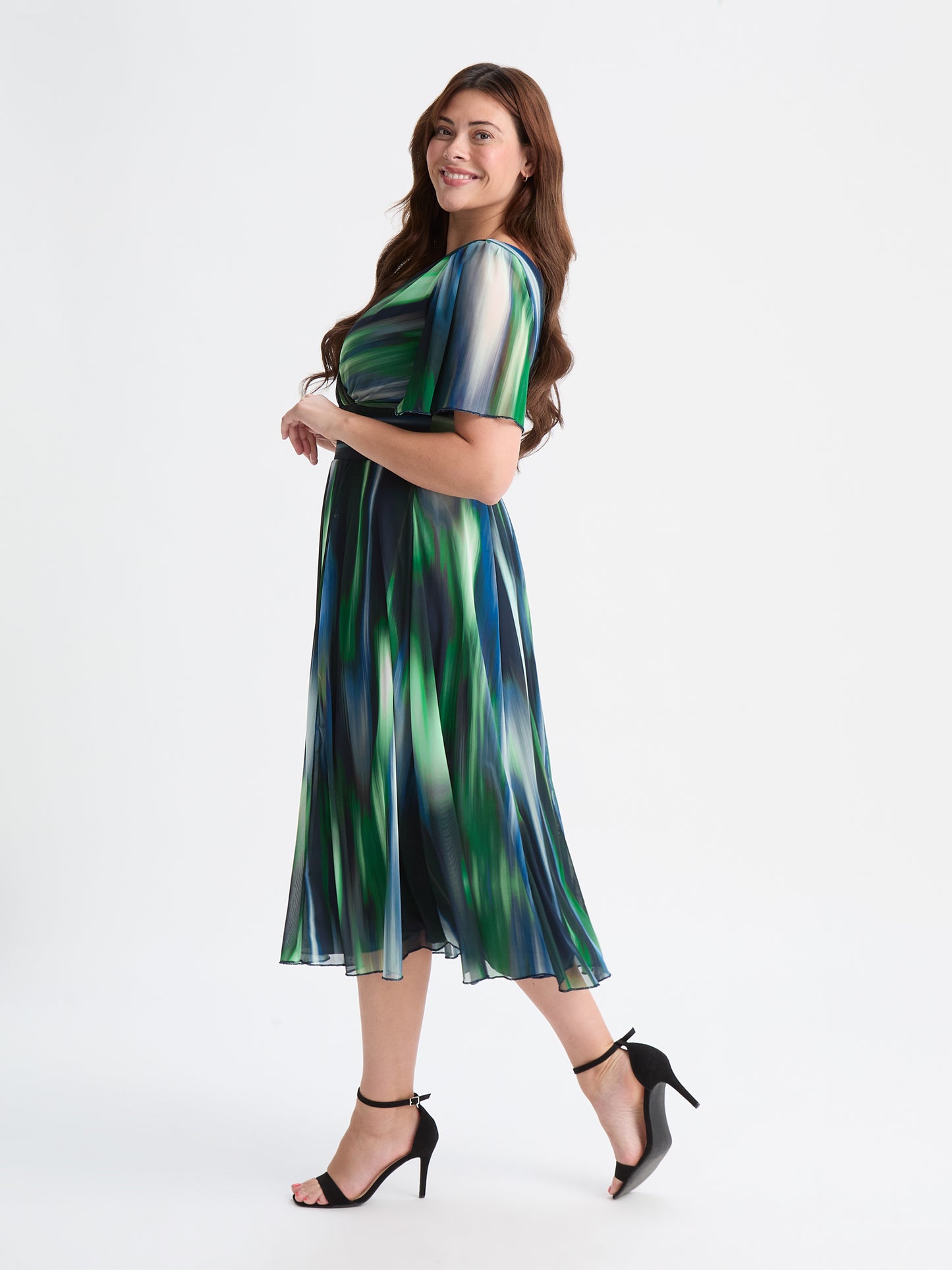 Victoria Green Ikat Angel Sleeve Mesh Long Midi Dress