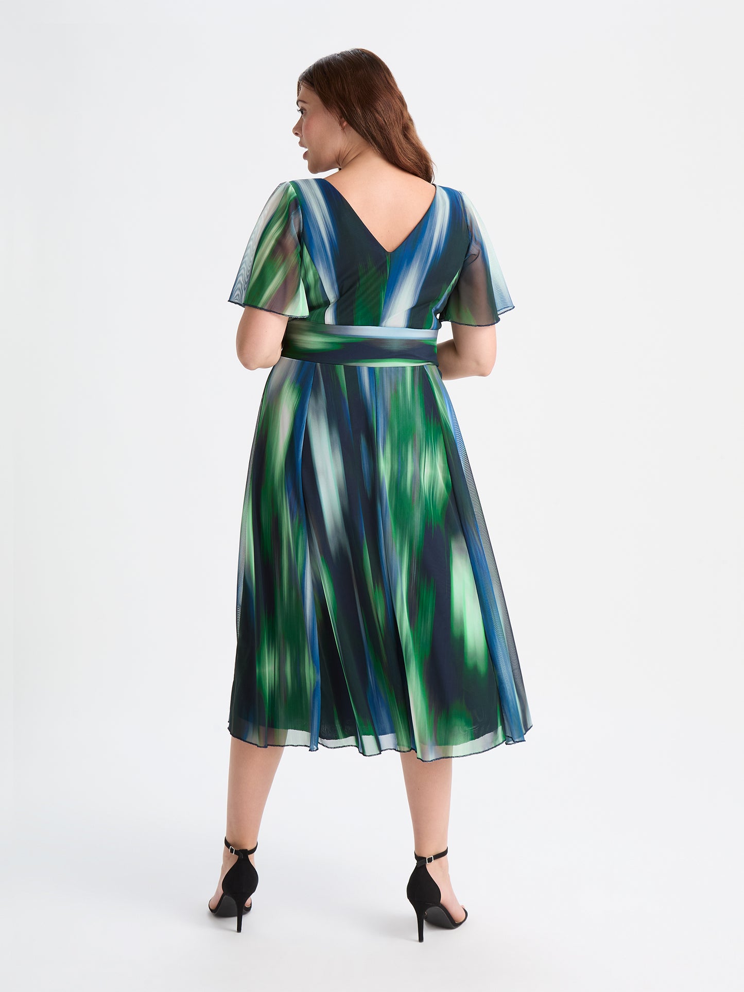 Victoria Green Ikat Angel Sleeve Mesh Long Midi Dress