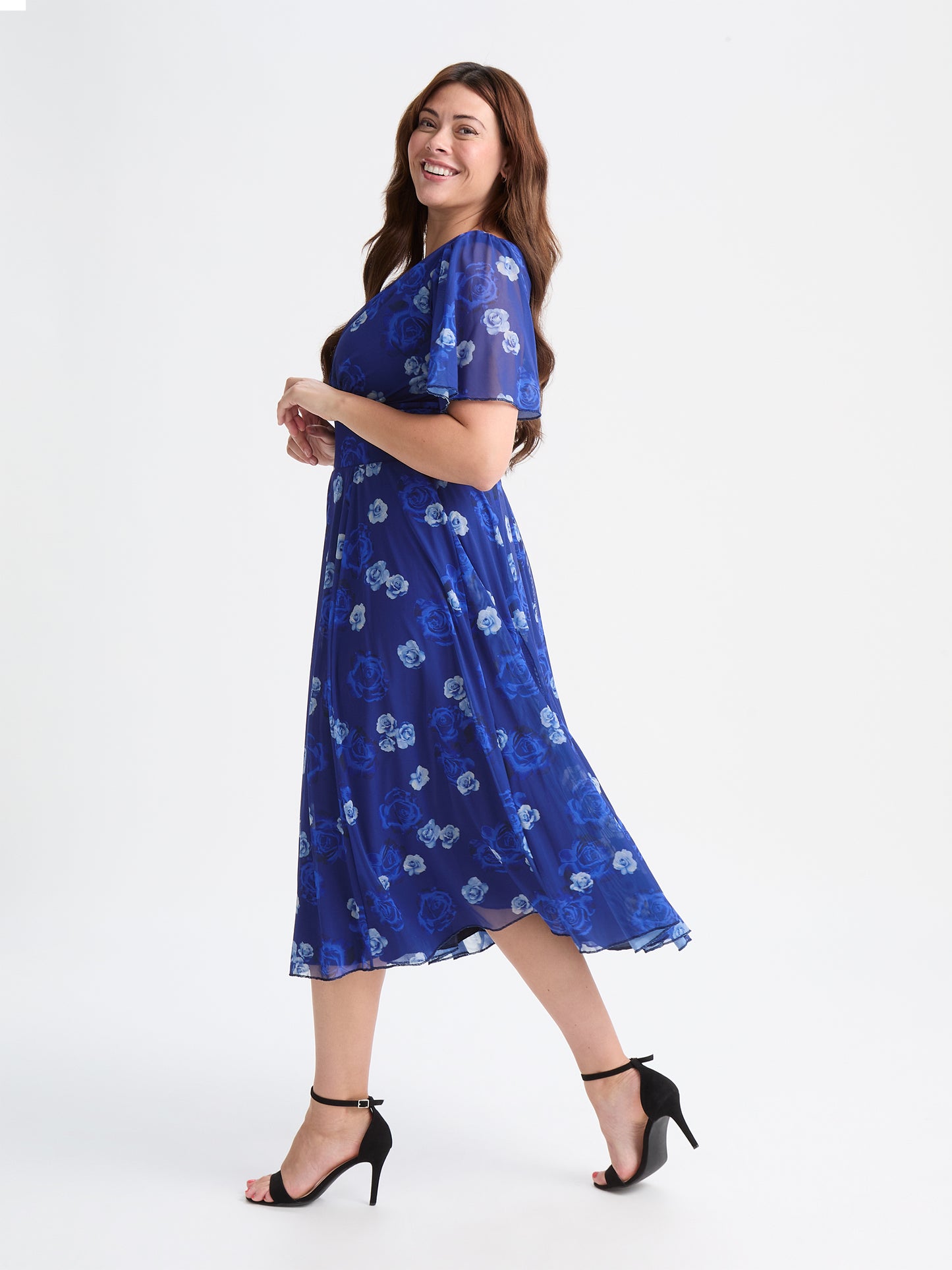 Victoria Blue Rose Angel Sleeve Mesh Long Midi Dress