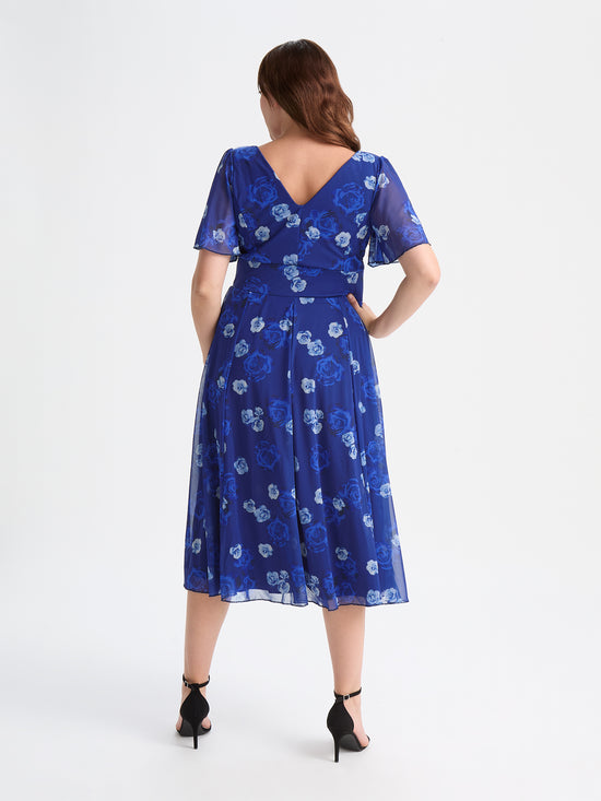 Victoria Blue Rose Angel Sleeve Mesh Long Midi Dress