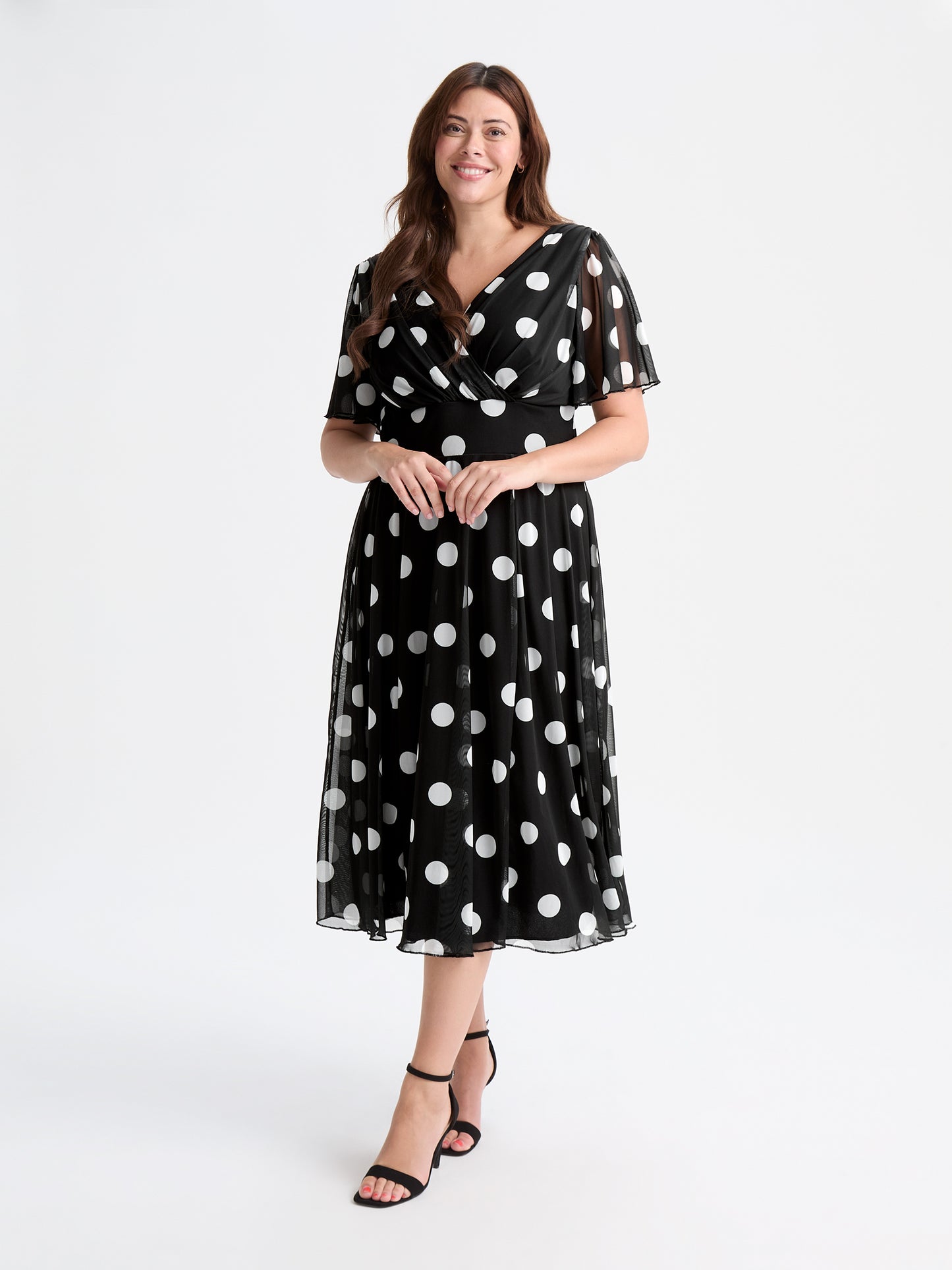 Victoria Black Spot Angel Sleeve Mesh Long Midi Dress